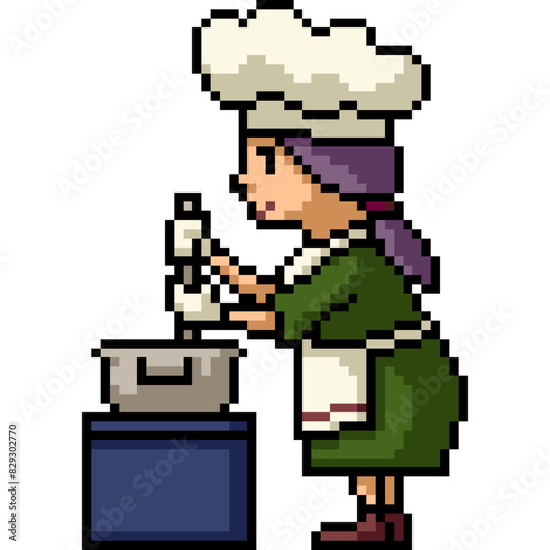 pixel art of woman in kitchen