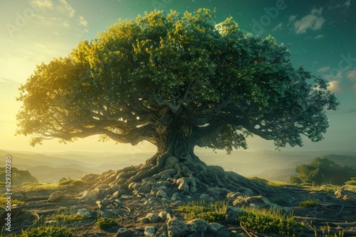 Beautiful image of an ancient tree with an expansive canopy, bathed in golden sunset light, symbolizing strength and growth. photo