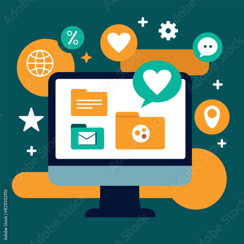 Vector illustration featuring hands giving a like and touching a laptop, representing website content, technology, network, and social media. This set includes various social media icons, perfect for 