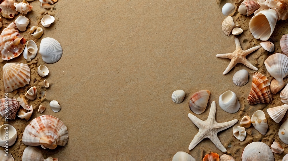 Obraz premium Different sea shells on beach sand, top view. Banner for design, copy space 