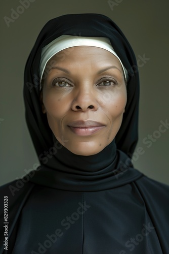 portrait of a smiling mature Black nun looking at the camera photo