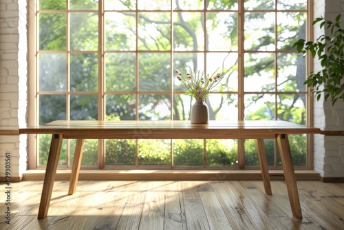 Wooden table and window room interior with product display mock up