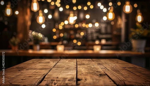 Wooden table in front of abstract blurred background of restaurant lights photo