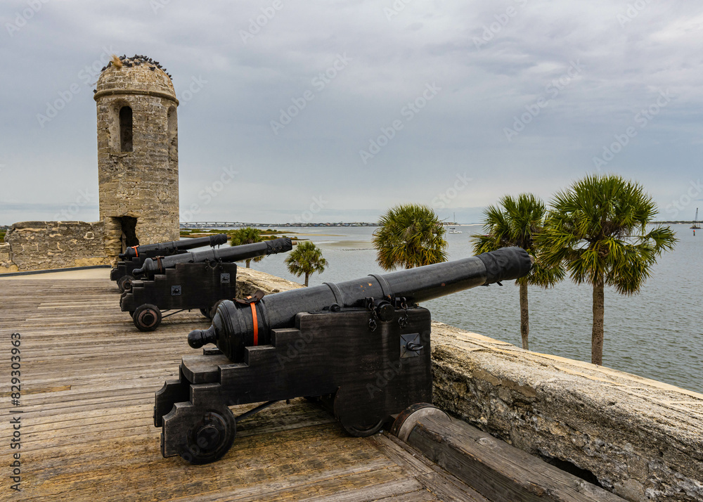 Steel Spanish Cannons and Sentry Box Overlooking Matanzas Bay on The St. Carlos Bastion, Castillo de San Marcus, St. Augustine, Florida, USA