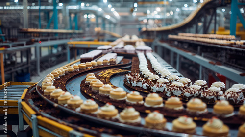 Automated Dessert Production  Cakes on Conveyor Belt in Modern Factory High Efficiency Food Manufacturing  Desserts Moving Through Production Line