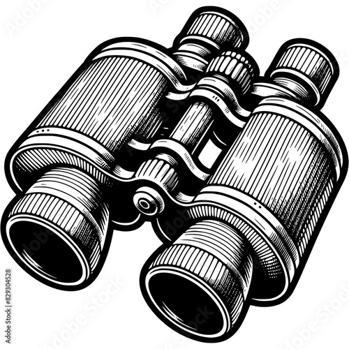 Professional travel binoculars in monochrome. Military magnifying device for viewing surroundings. Simple minimalistic vector in black ink drawing on transparent background