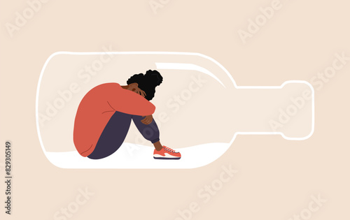 Alcoholism concept. Depressed african Woman sitting on bottom of bottle and hugging her knees. Girl with Pernicious Habits Addiction and Substance Abuse. Vector illustration in flat cartoon style.