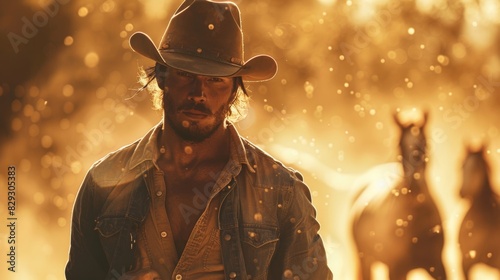 A muscular hatwearing cowboy gazes intensely at the camera as he holds his lover close a flurry of dust and horses galloping in the background creating a sense of rugged adventure. photo