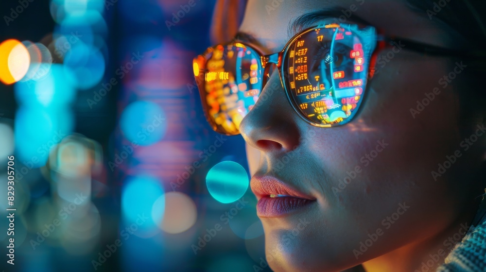 Holographic display of a woman on a tablet, depicted as a programmer or IT professional wearing glasses, deeply engaged in data analytics. digital technology, analyzes information