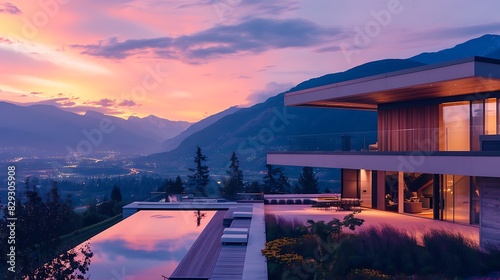 Modern house overlooking mountains at dusk 