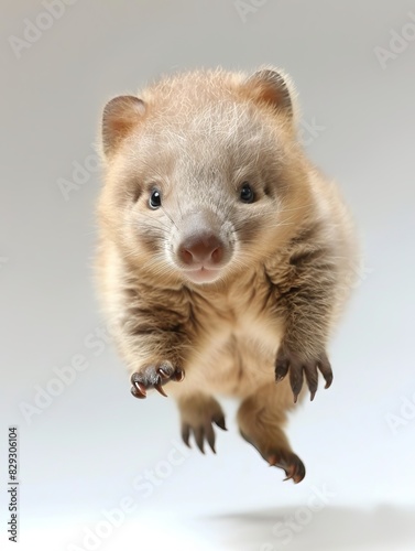 Baby coati jumps between two trees. © VISUAL BACKGROUND