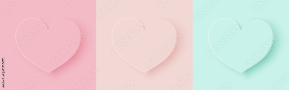 Set of hearts embossed pastel color set in minimal style. Pink, Peach, Green. Vector illustration.