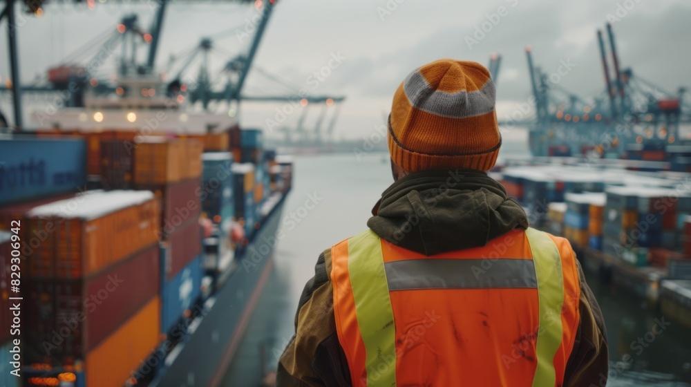 Man looks out over shipping yard. Man looks out over shipping yard.