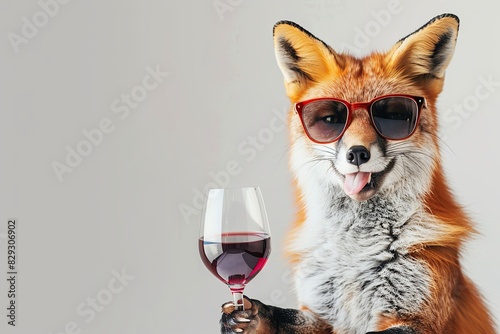 great fox wearing sunglasses and holding a glass of red wine