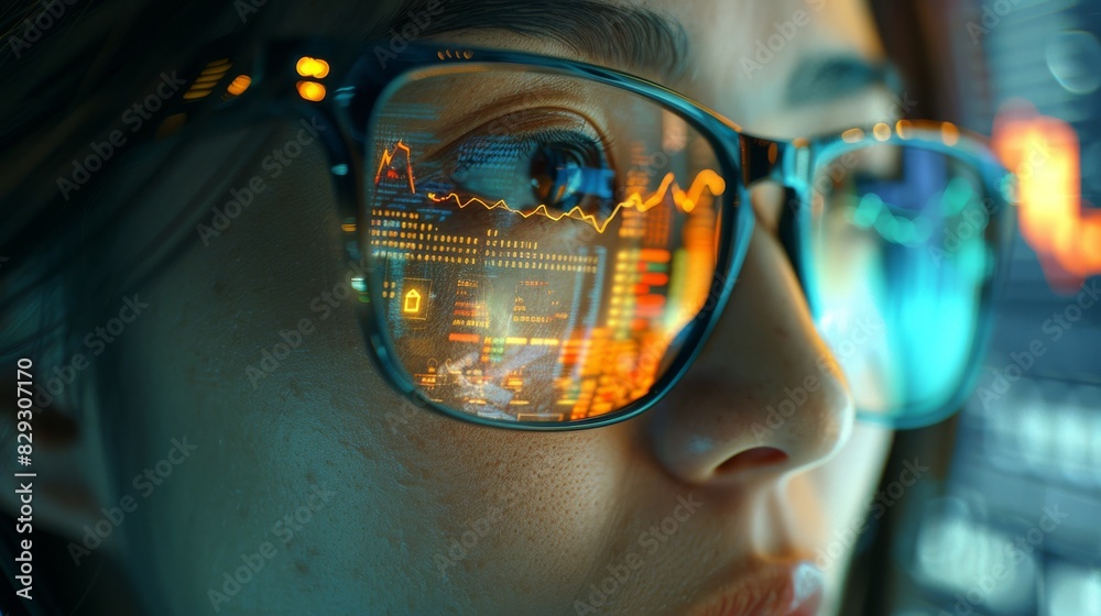 Holographic display of a woman on a tablet, depicted as a programmer or IT professional wearing glasses, deeply engaged in data analytics. digital technology, analyzes information