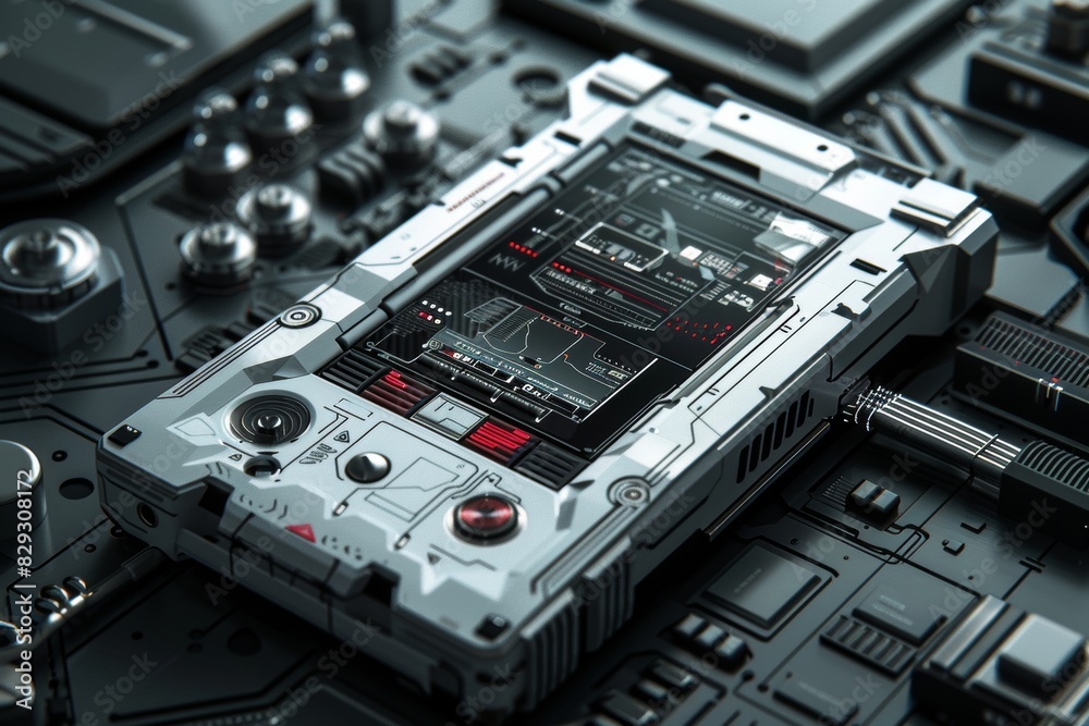 A magazine cover featuring a cutting-edge mp3 player with a sci-fi 3D design, presented with impeccable composition and attention to detail A magazine cover featuring a cutting-edge mp3 player with a sci-fi 3D design, presented with impeccable composition and attention to detail