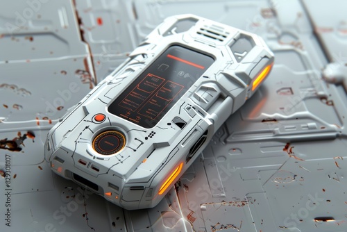 A sci-fi inspired 3D design of an mp3 player, showcasing sleek lines and advanced features, captured with excellent composition in a documentary photography style photo