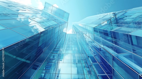 Modern style hi rise blue glass building exterior with transparent wall  