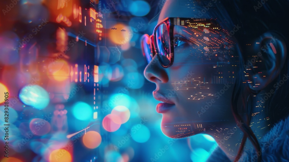 Holographic display of a woman on a tablet, depicted as a programmer or IT professional wearing glasses, deeply engaged in data analytics. digital technology, analyzes information Holographic display of a woman on a tablet, depicted as a programmer or IT professional wearing glasses, deeply engaged in data analytics. digital technology, analyzes information