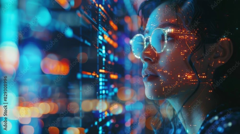Holographic display of a woman on a tablet, depicted as a programmer or IT professional wearing glasses, deeply engaged in data analytics. digital technology, analyzes information Holographic display of a woman on a tablet, depicted as a programmer or IT professional wearing glasses, deeply engaged in data analytics. digital technology, analyzes information
