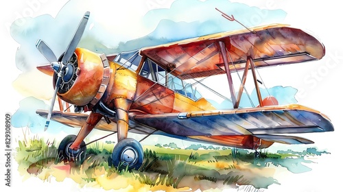A watercolor painting of a vintage biplane sitting on a grassy field. The plane is orange and yellow with a red propeller.