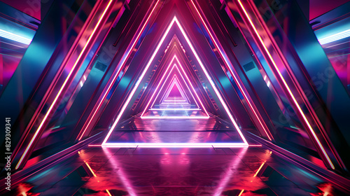 A dark room with geometric shapes and glowing neon lights in purple, blue, and pink, creating an atmosphere of futuristic technology, Abstract background with neon glowing
