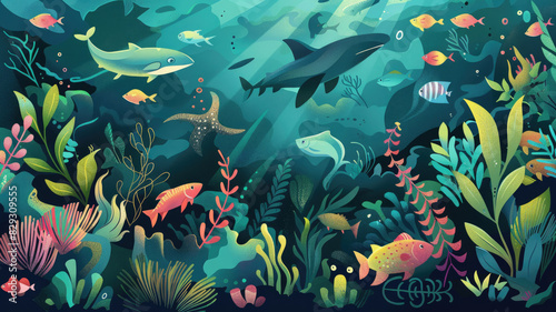 An illustrated picture of the seabed with its inhabitants. World Ocean Day. Sharks, dolphins and a variety of fish and algae