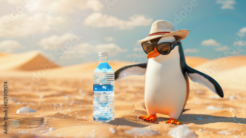 A funny cute Penguin in a hat and sunglasses stands in the middle of the desert with a bottle of cool water. The sweltering heat. Quenching thirst