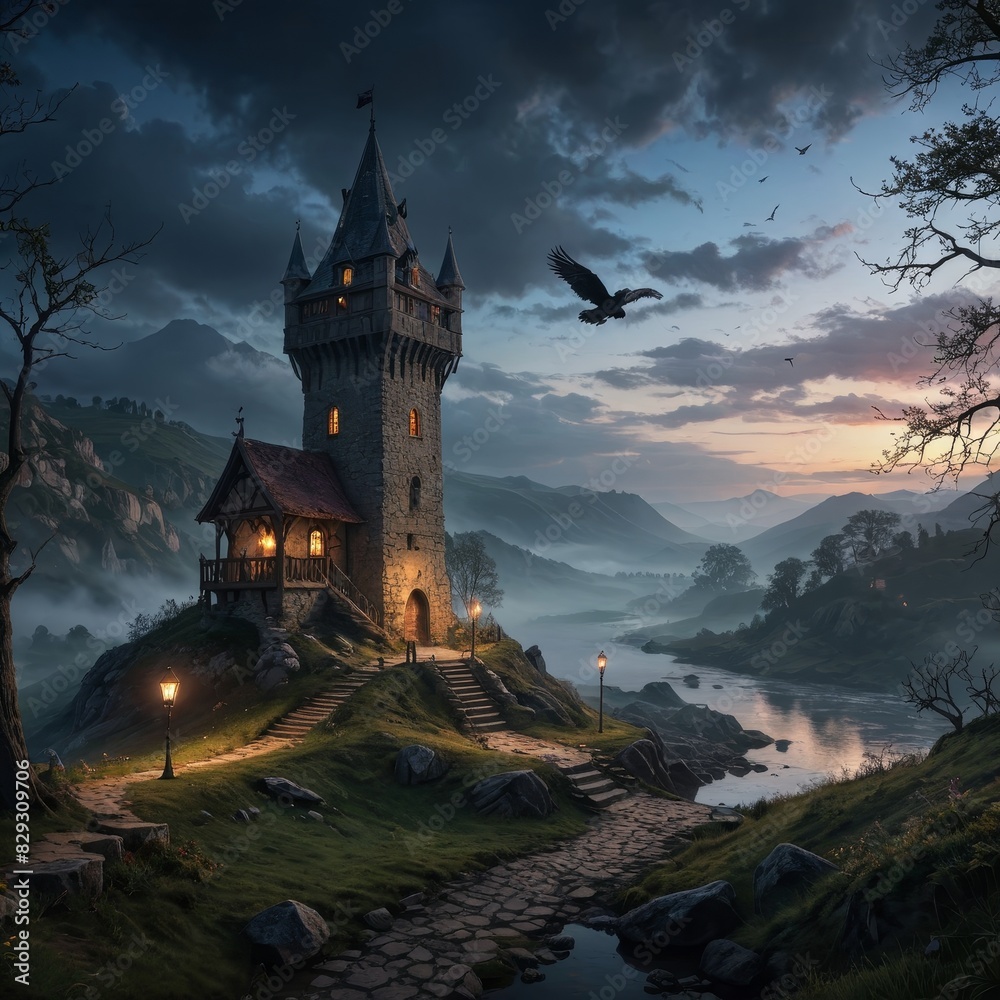 Mysterious Stone Tower on a Hilltop with a River