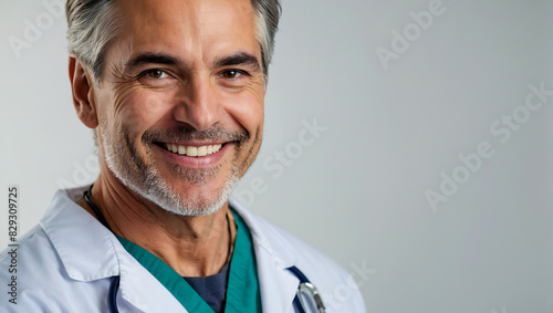 Portrait of a trustworthy professional smiling doctor wearing white coat with a clean background photo