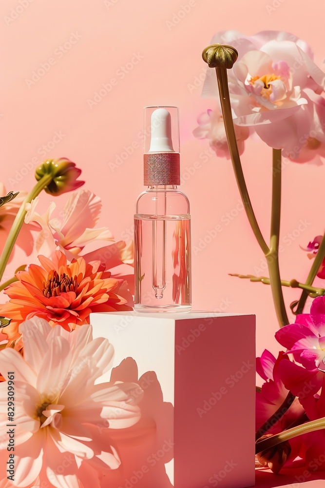 Photography of a cosmetic serum in a clear bottle, pink background Photography of a cosmetic serum in a clear bottle, pink background