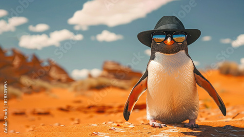 A penguin in a hat and sunglasses walks on the desert sands