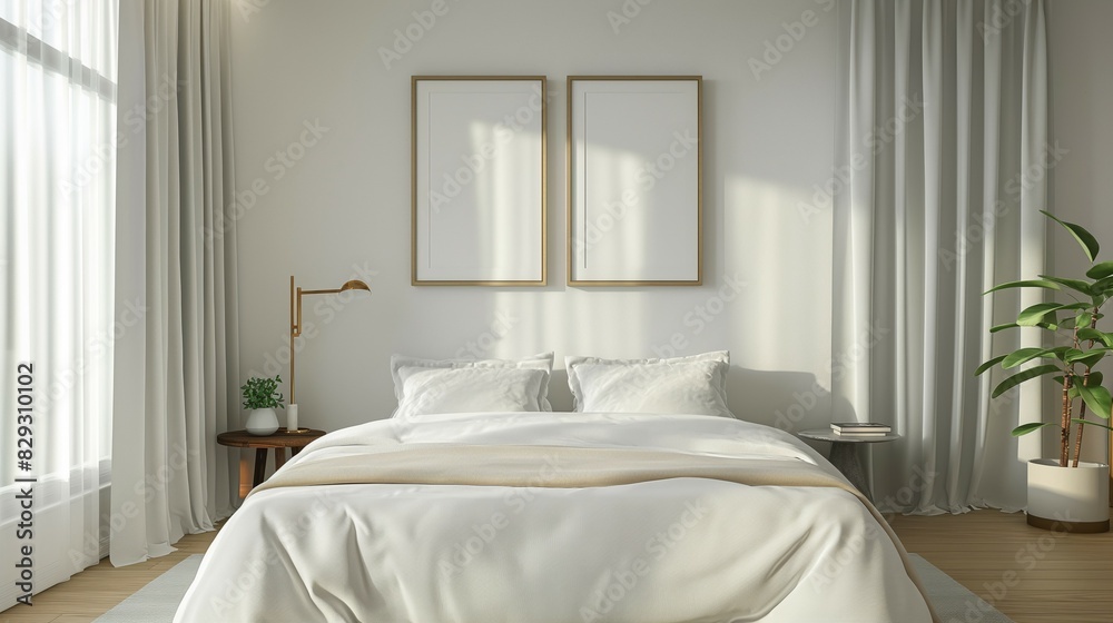 Frame mockup, modern living room interior with cozy bed