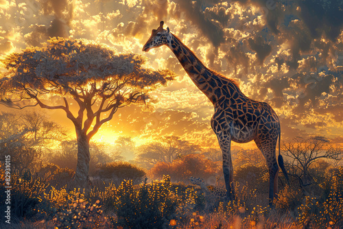 A tall giraffe stands silhouetted against a dramatic African sunset