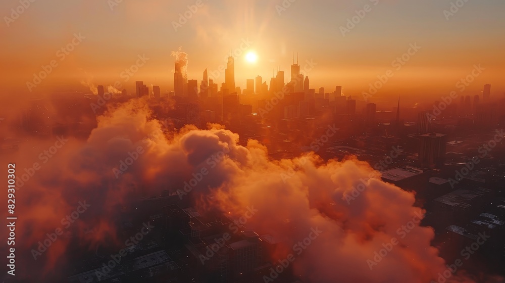 Fototapeta premium Aerial view of dense smoke over the urban skyline at sunset