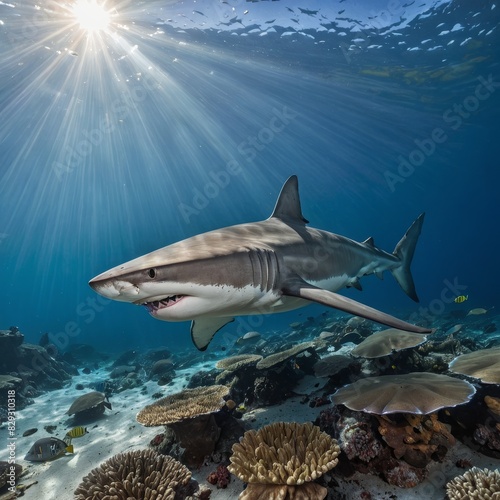 Shark swimming through sunbeams in a coral reef