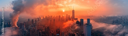 Aerial view of dense smoke over the urban skyline at sunset photo