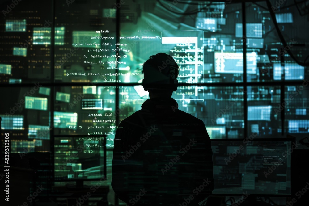 A shadowy figure in front of multiple computer screens displaying lines of code and warning messages, representing cyber threats A shadowy figure in front of multiple computer screens displaying lines of code and warning messages, representing cyber threats