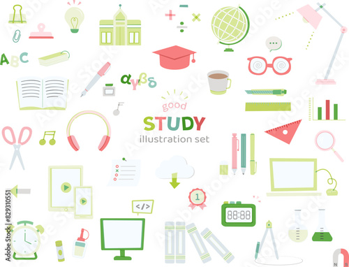 勉強　文具　イラスト　線なし　手描き風　学校　学習　学校　シンプル　PC 　ノート　デスク周り