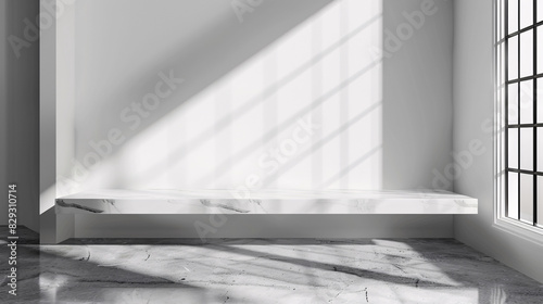 White wall background with marble table and window shadow for product display mockup.