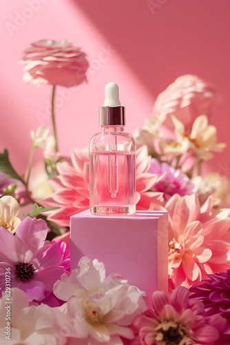 Photography of a cosmetic serum in a clear bottle, pink background 
