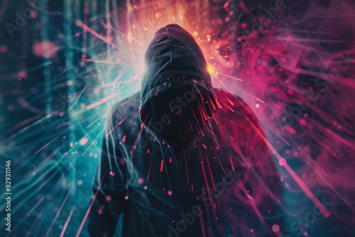 A hooded figure breaking through a digital wall, with bright neon visuals representing cyber security breaches photo