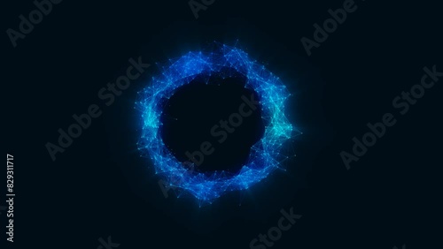 Animated neon linear ring symbol. Glow logo frame. Pattern of plexus chaotic lines and dots. Circle of pure energy. Screensaver is cosmic. Intro for technology, presentation, business . 4k
