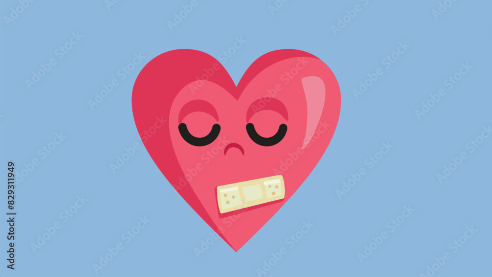 Fototapeta premium Sad Unhappy Heart with a Plaster on Vector Cartoon Character. Symbol of a broken heart feeling grief and sadness