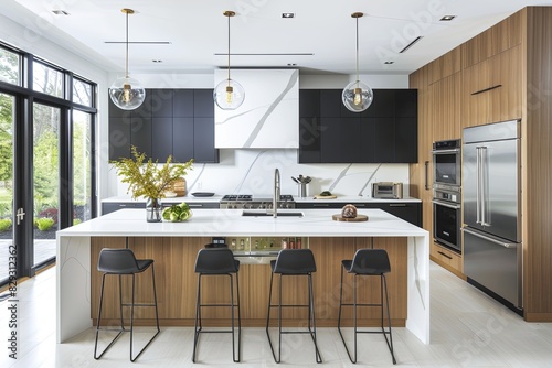 Chic Kitchen: A contemporary kitchen with sleek cabinetry, a large island, modern appliances, and decorative touches, all framed by a bright, white backdrop. photo