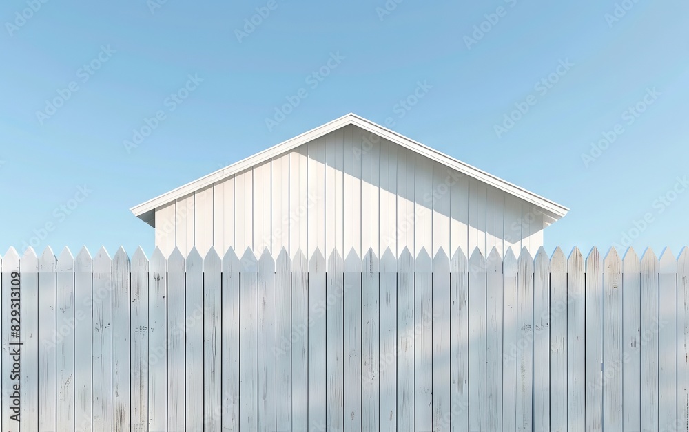 Obraz premium White picket fence against blue sky.