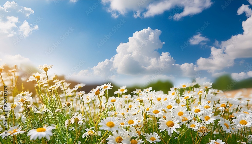 Beautiful field meadow flowers chamomile and blue sky with clouds, nature spring summer landscape, close-up macro.