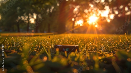 Futuristic Fitness Tracker Monitoring Health Metrics in a Park at Sunset photo