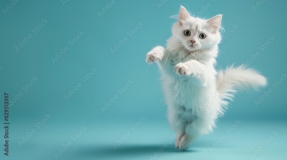 Fototapeta premium A playful white cat with a fluffy coat is captured mid-jump against a solid teal colored background, creating a sense of motion