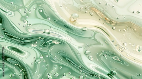 Abstract Green and Beige Marbled Background with Water Droplets